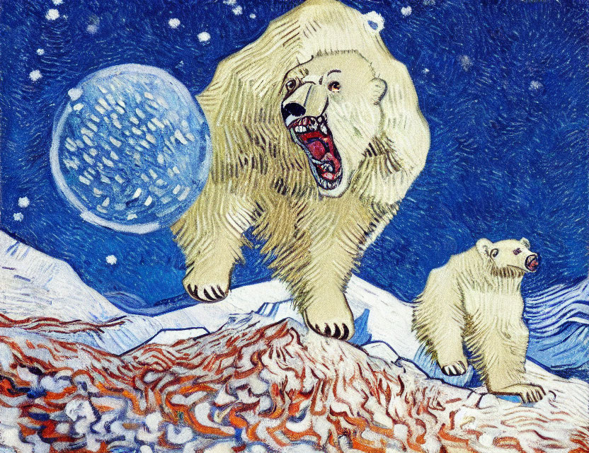 Two polar bears on snowy terrain under starry sky