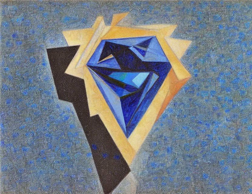 Abstract geometric diamond painting in blue and yellow-brown hues on speckled background