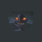 Orange-eyed furry creature with sharp teeth and purple face on grey background