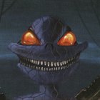 Purple cartoon creature with orange eyes and large teeth on dark background