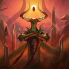 Fantasy figure in horned armor with scepter in fiery landscape