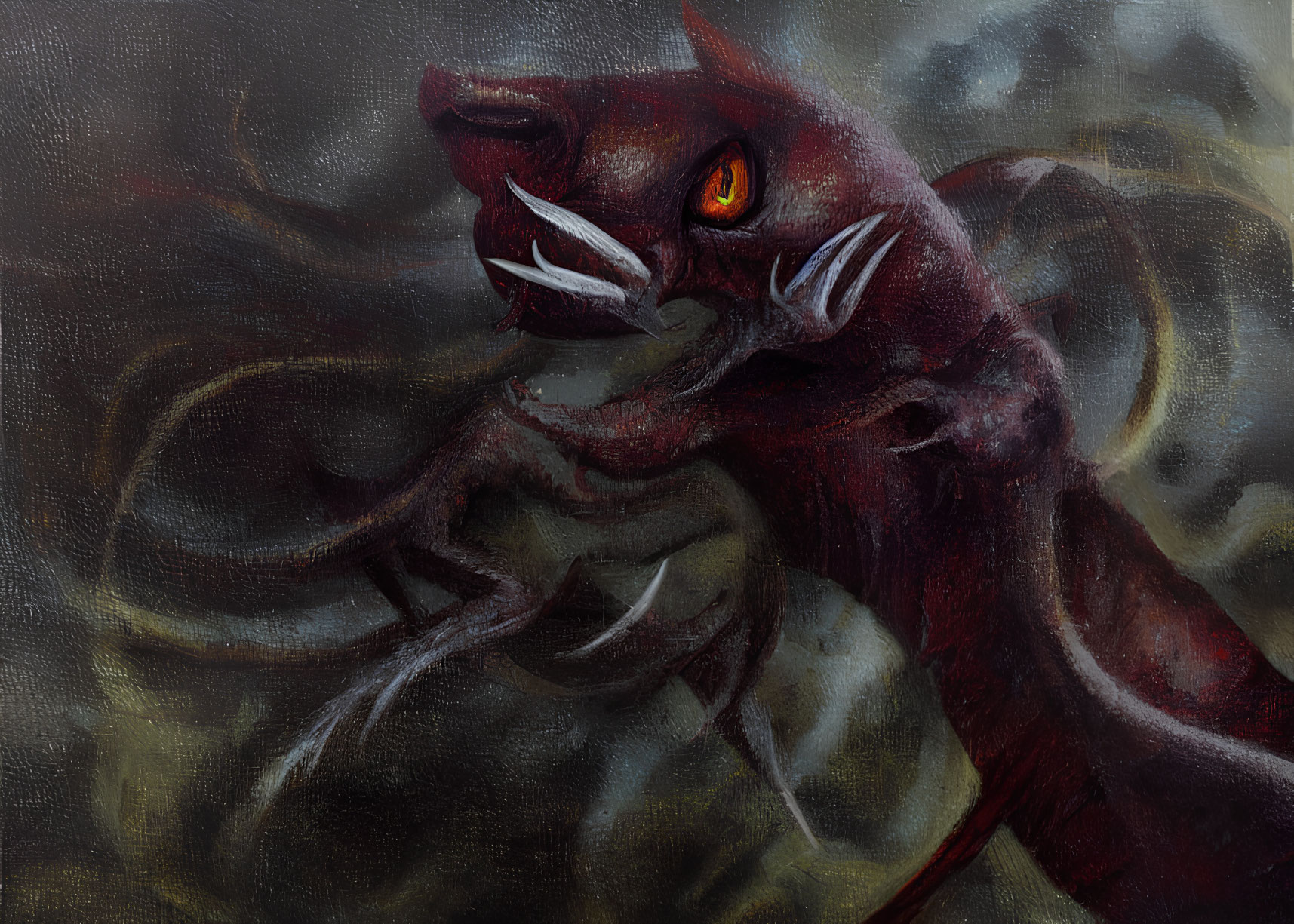 Menacing red dragon with glowing eyes in smoky background