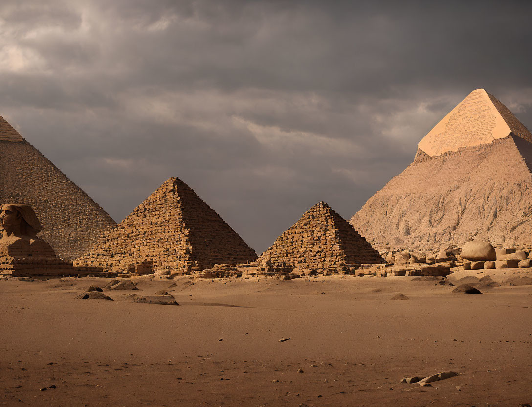 Ancient Egyptian Pyramids and Sphinx in Dramatic Sky