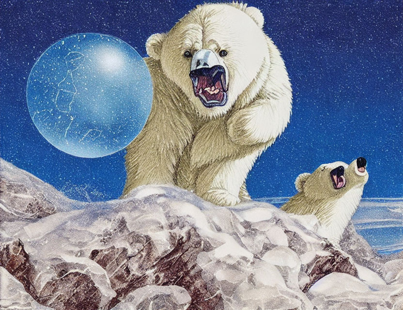 Polar bears roaring and lying under starry sky with blue moon