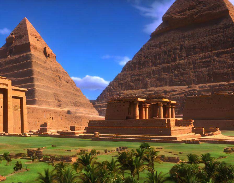 Digital rendering: Ancient Egyptian monuments with Great Pyramid of Giza, temple complex, and lush greenery