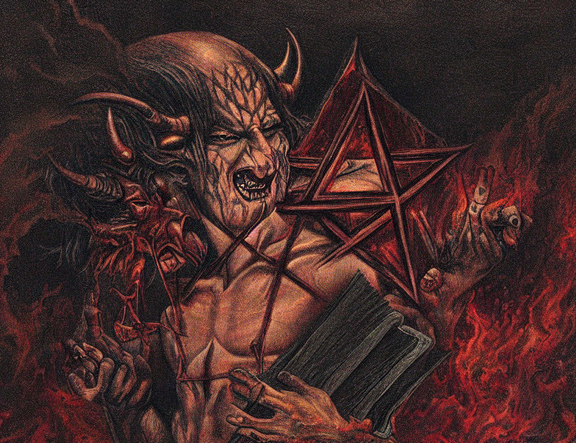 Menacing demon with sharp teeth and horns holding pentagram and book in fiery setting