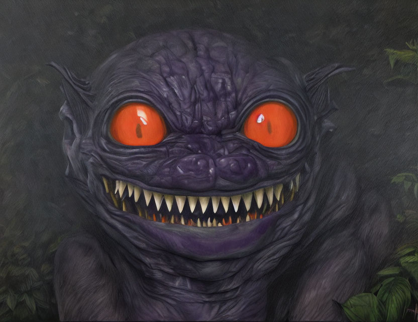 Purple-skinned creature with sharp teeth and glowing red eyes on dark background