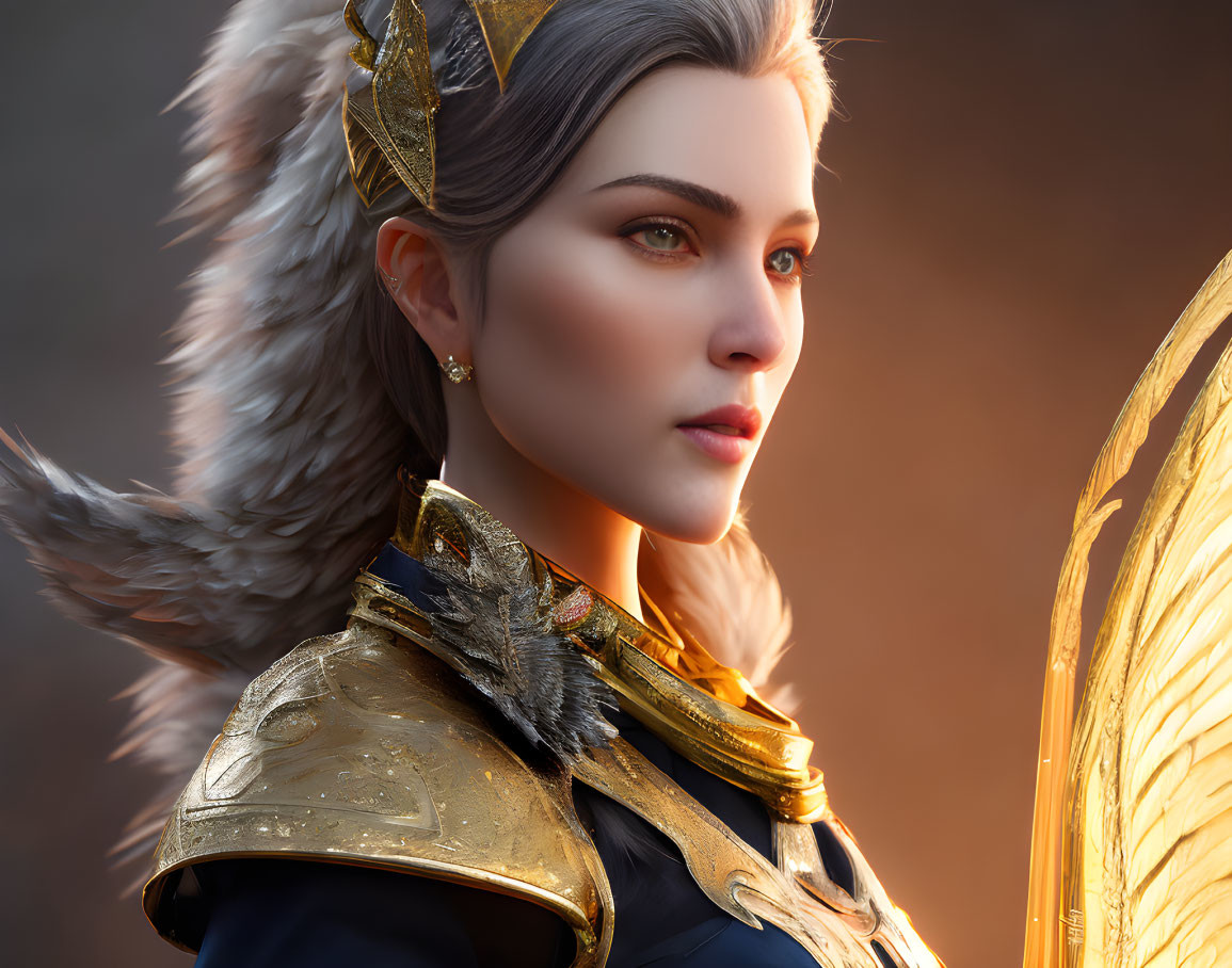 Elaborate golden armor woman with winged helmet digital artwork