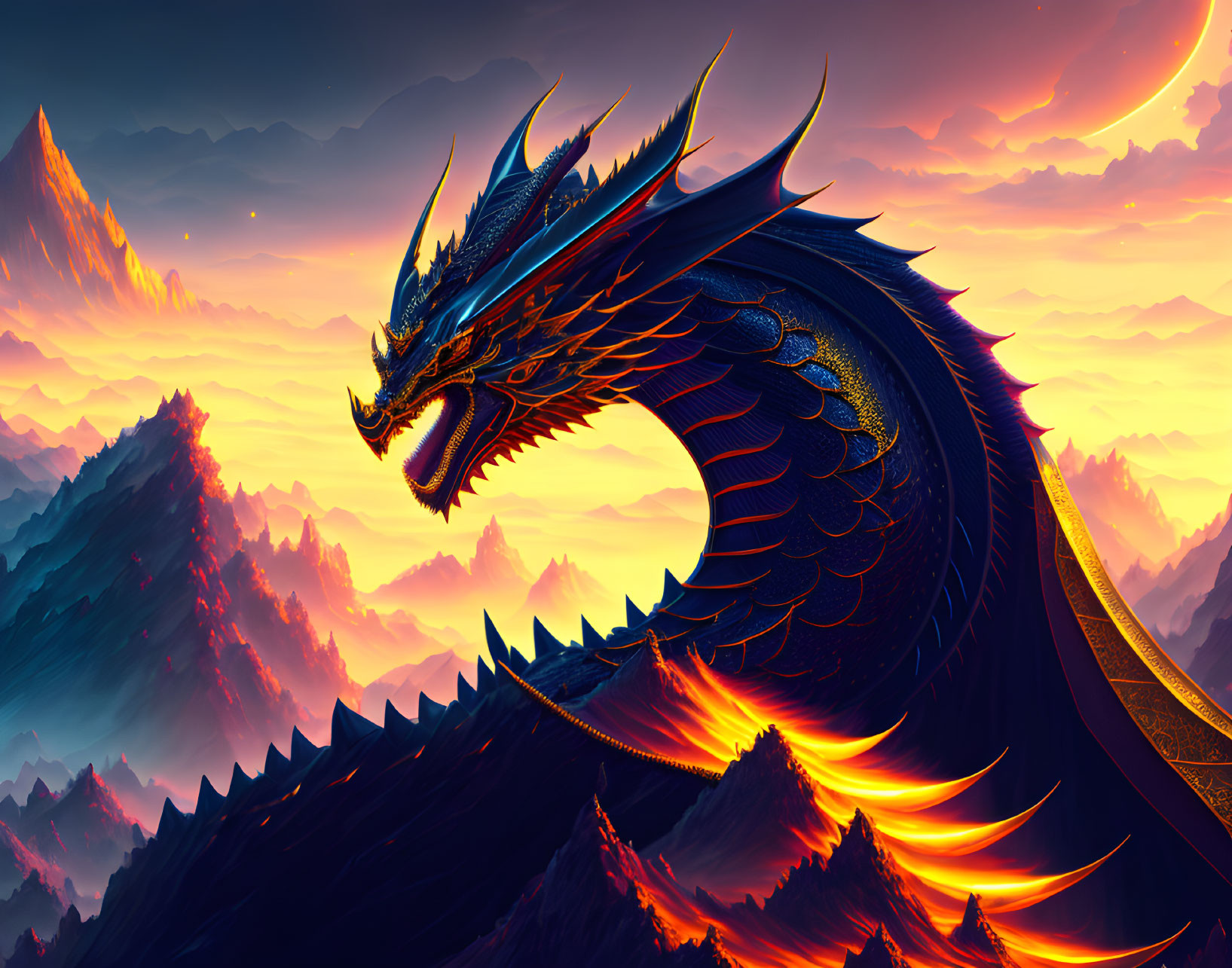 Majestic dragon with fiery scales in vibrant sky and mountains