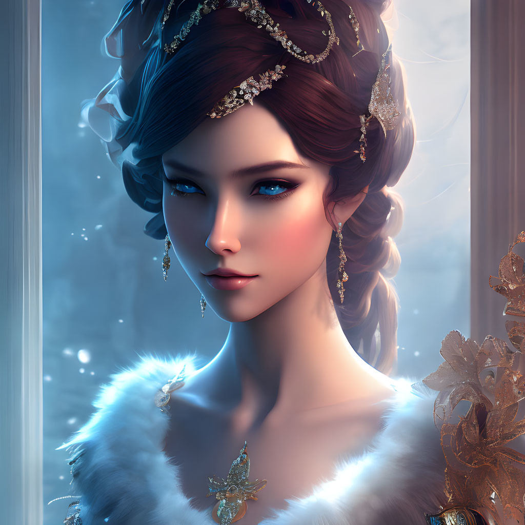 Digital artwork of noblewoman with ornate hairpiece, blue eyes, fur stole, and gold jewelry