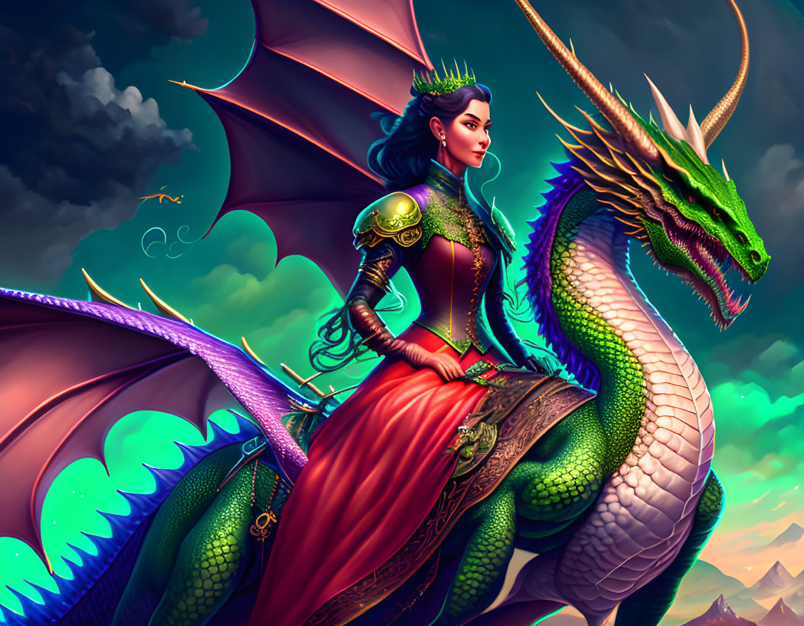 Medieval warrior woman with green dragon in dramatic sky