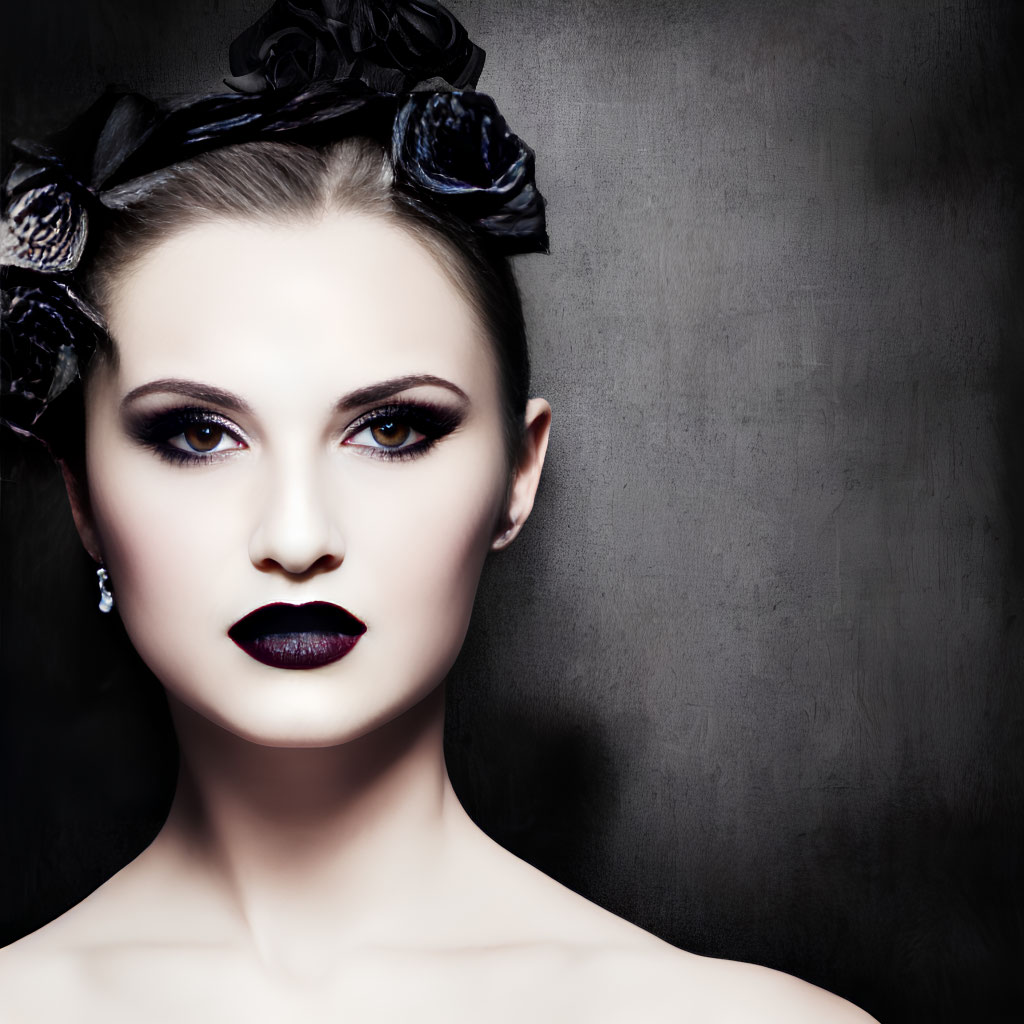 Woman with dark makeup and black roses in hair on grey backdrop