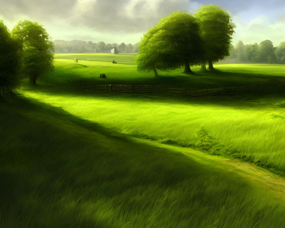 Sunny meadow scene with trees, fence, and fluffy clouds