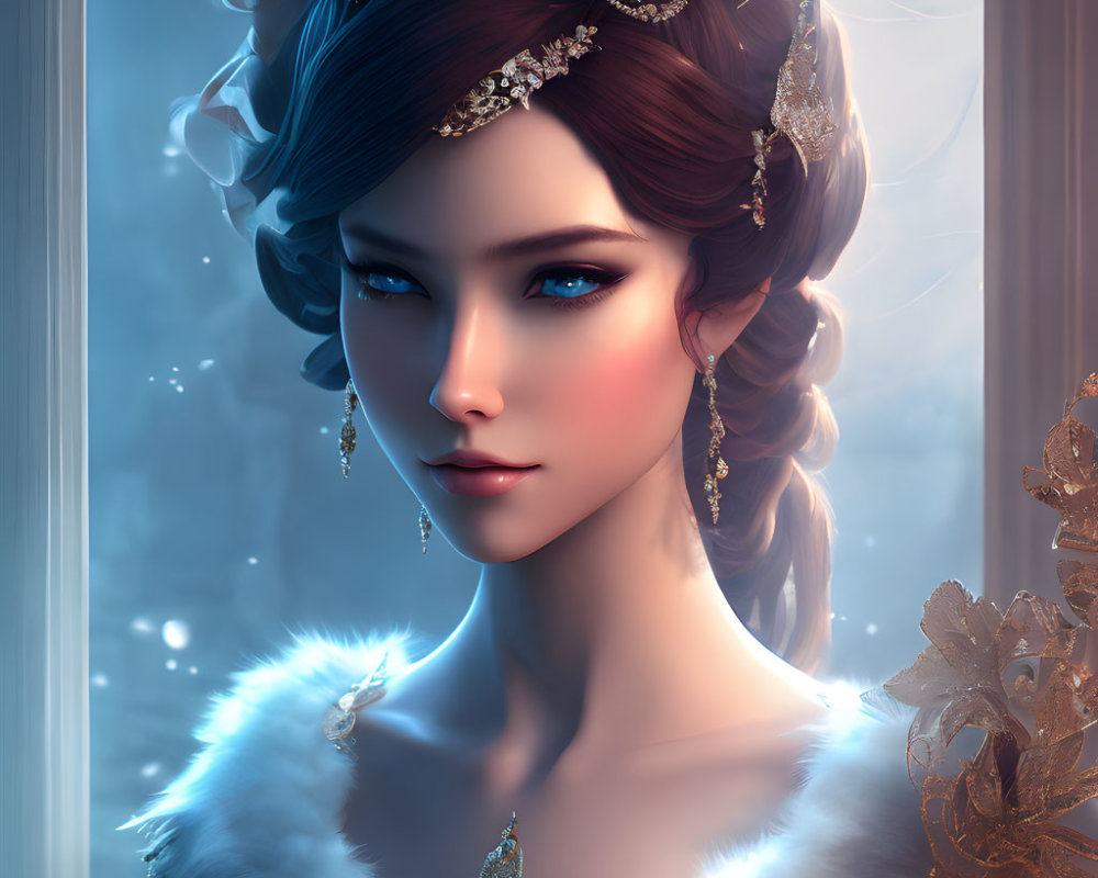 Digital artwork of noblewoman with ornate hairpiece, blue eyes, fur stole, and gold jewelry