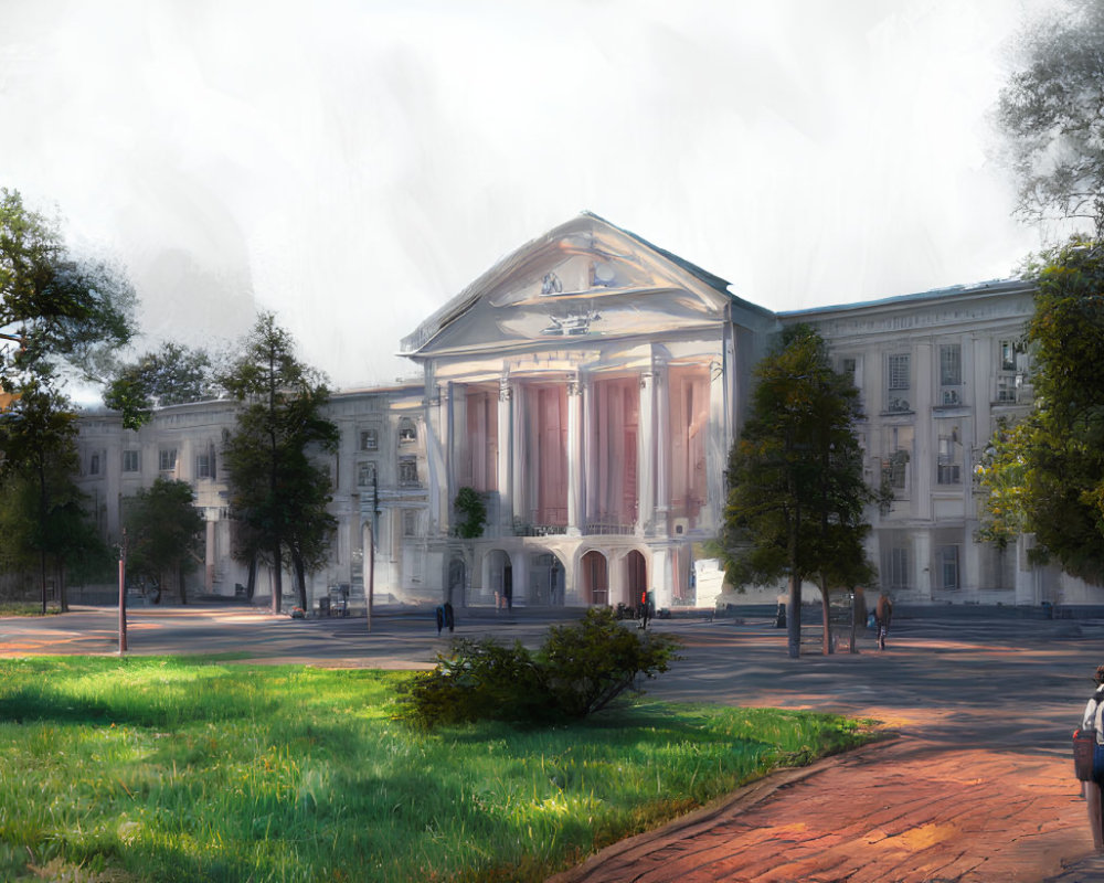 Person on Brick Path Observing Neoclassical Building and Greenery