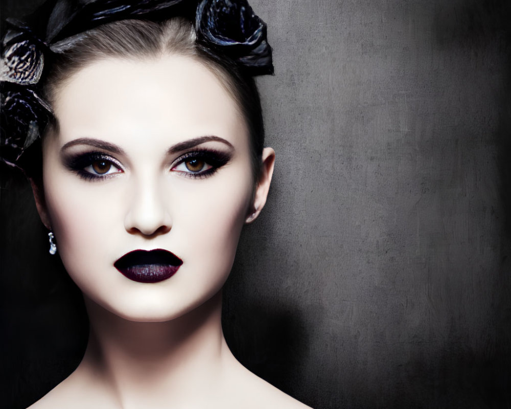 Woman with dark makeup and black roses in hair on grey backdrop