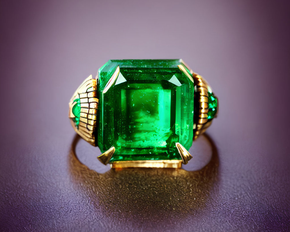 Emerald Cut Gemstone Ring on Golden Band with Decorative Elements