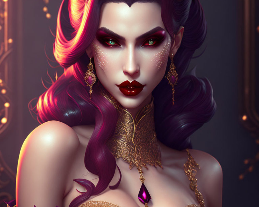 Fantasy Female Character with Gold Jewelry, Purple Hair, Red Eyes, and Dark Roses