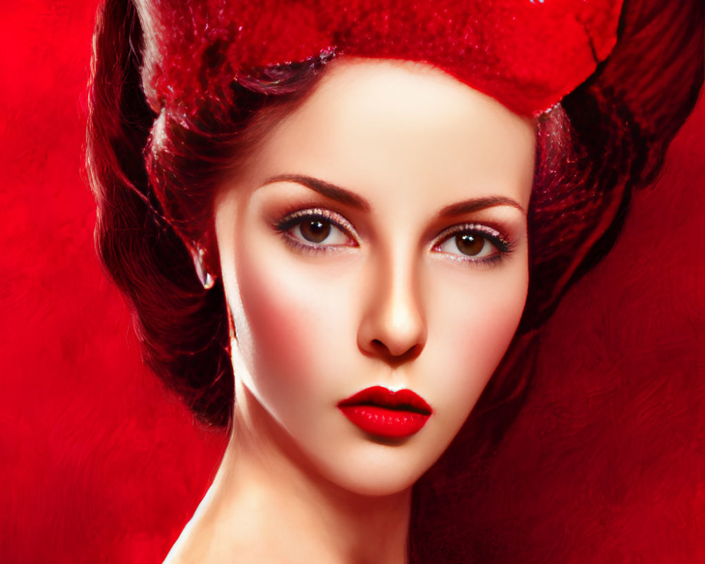 Red-haired woman with updo and intense gaze on red backdrop