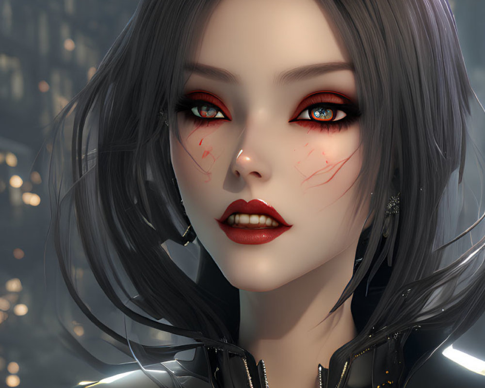 Digital artwork of woman with red eyes, black hair, purple hues, light skin, freckles