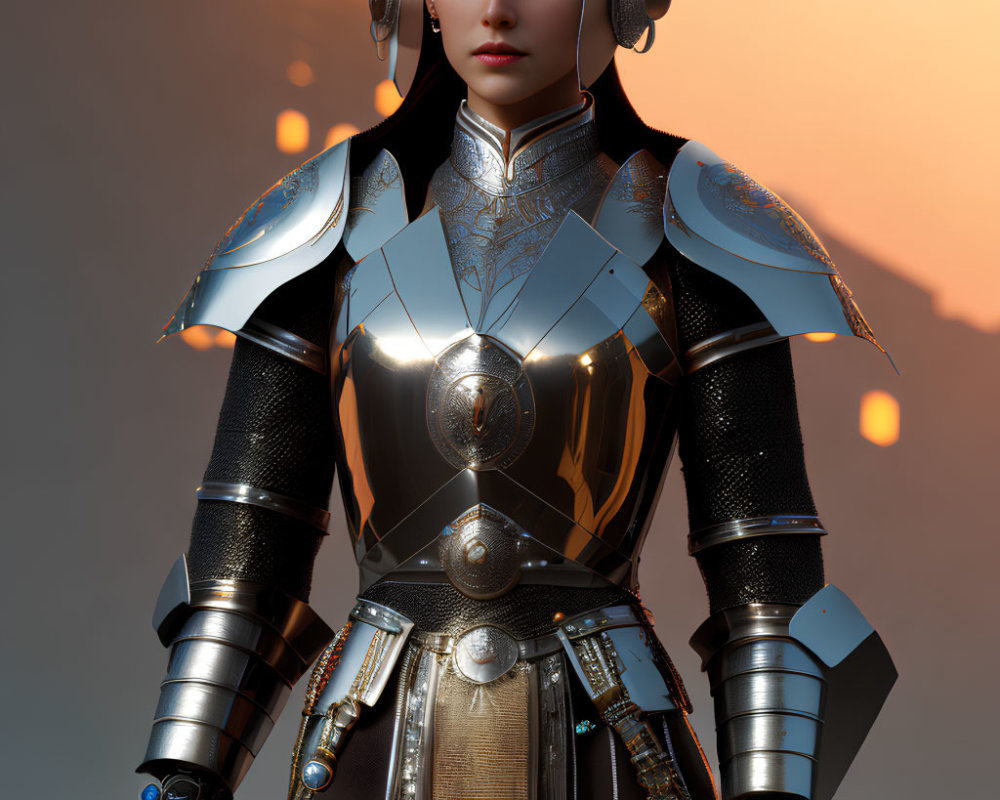 Futuristic knight armor woman in stern expression against warm, hazy background