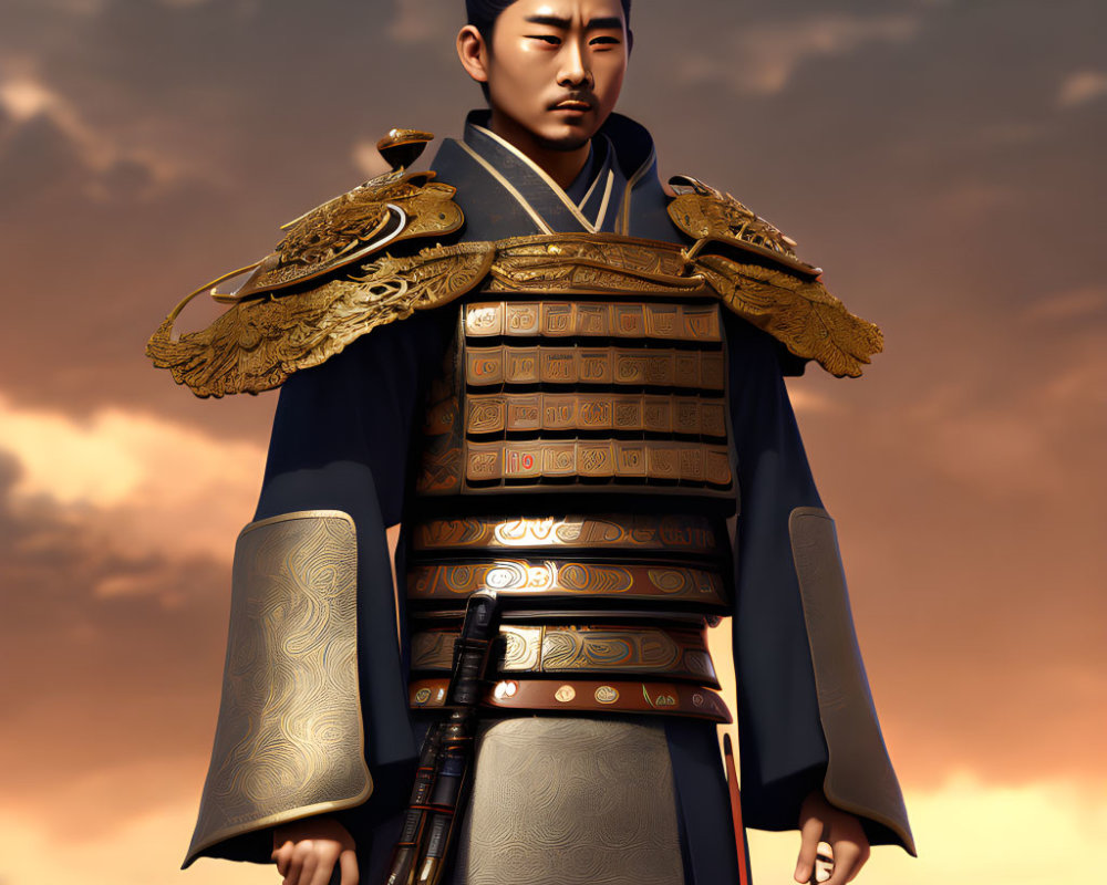 Ancient Asian warrior in traditional armor under dramatic sky