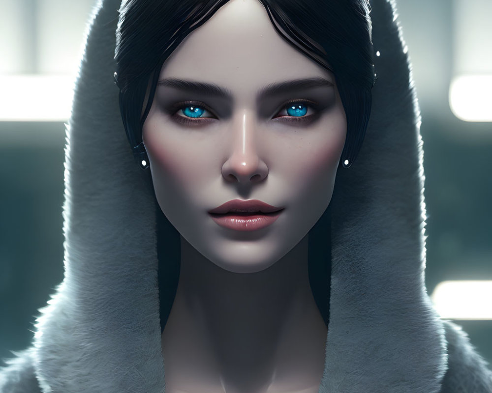 Portrait of Woman with Bright Blue Eyes and Dark Hair in Fur-Trimmed Hood