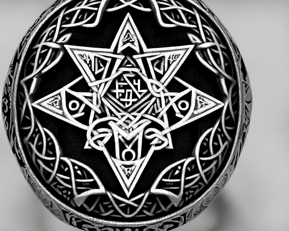 Intricate white Celtic knot designs on black spherical object