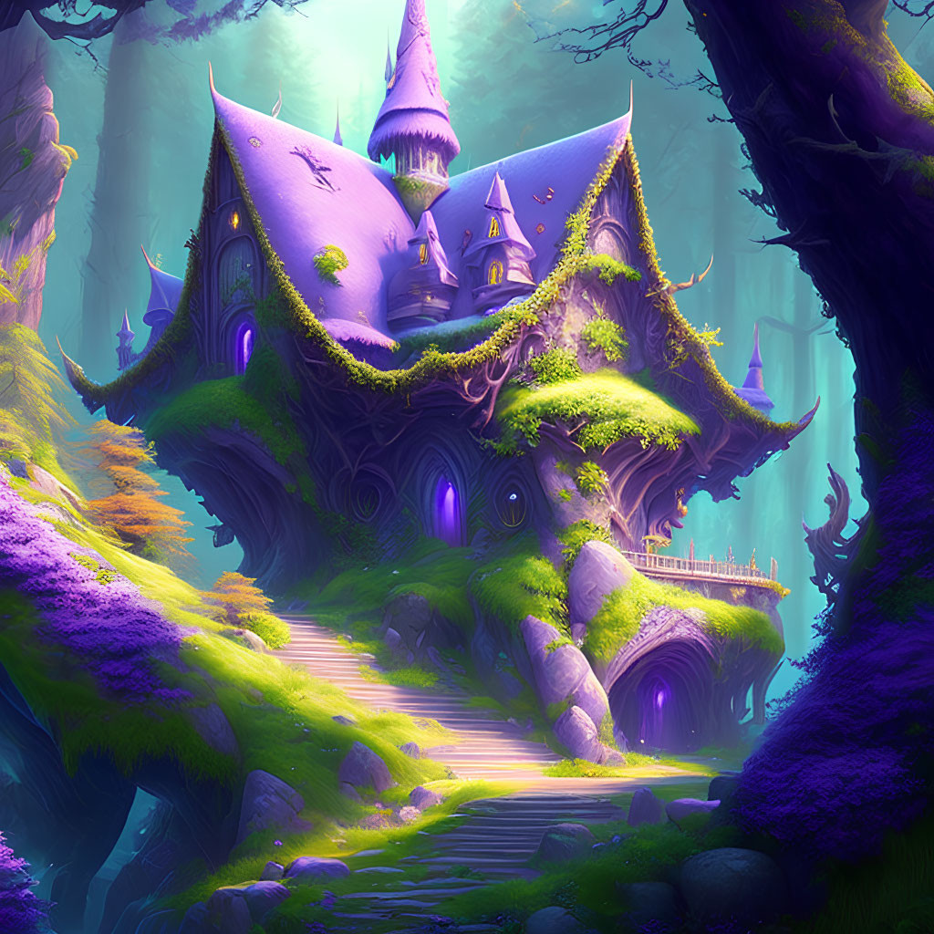 Purple Fantasy Castle on Giant Tree in Mystical Forest