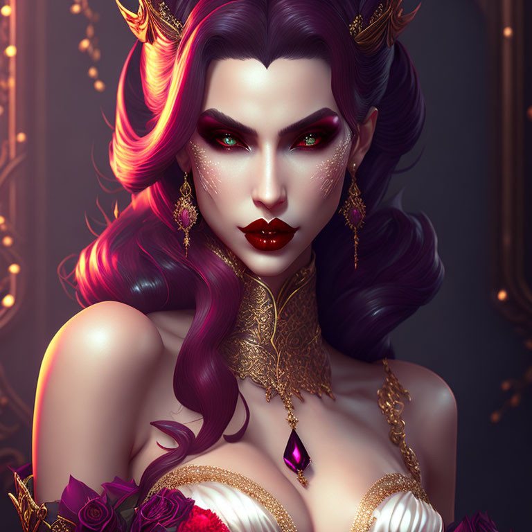 Fantasy Female Character with Gold Jewelry, Purple Hair, Red Eyes, and Dark Roses