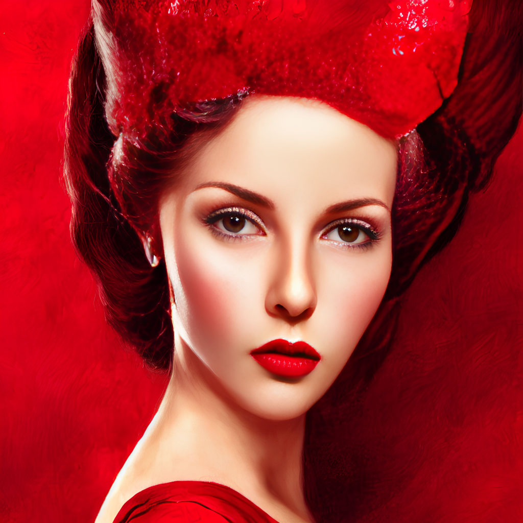 Red-haired woman with updo and intense gaze on red backdrop