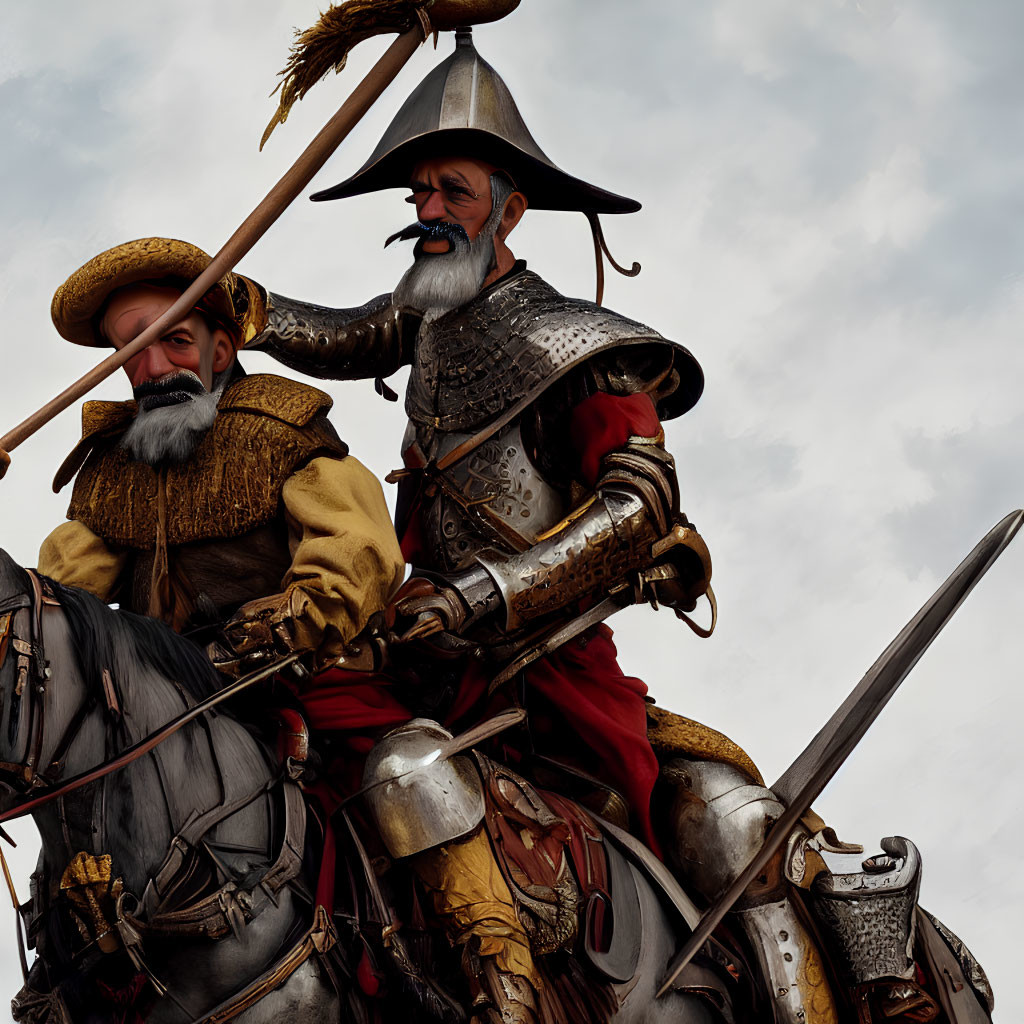 Stylized characters in renaissance armor on horseback with lance, under cloudy sky