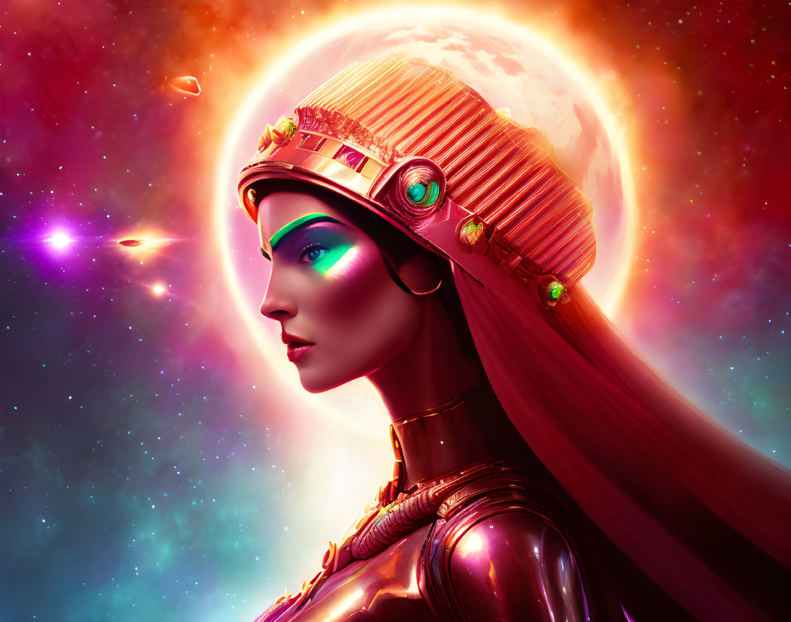 Digital artwork: Female figure with Egyptian-style golden headgear in cosmic setting.