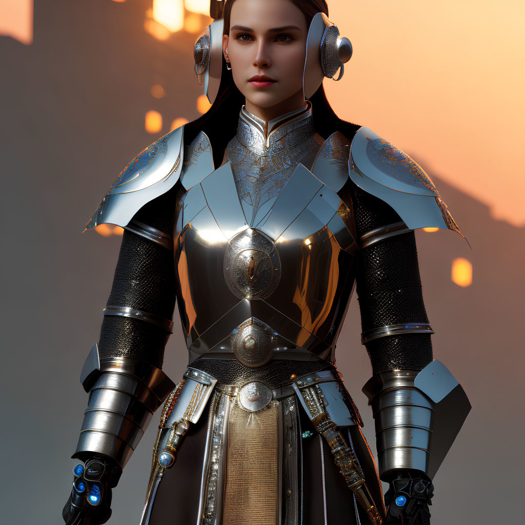 Futuristic knight armor woman in stern expression against warm, hazy background