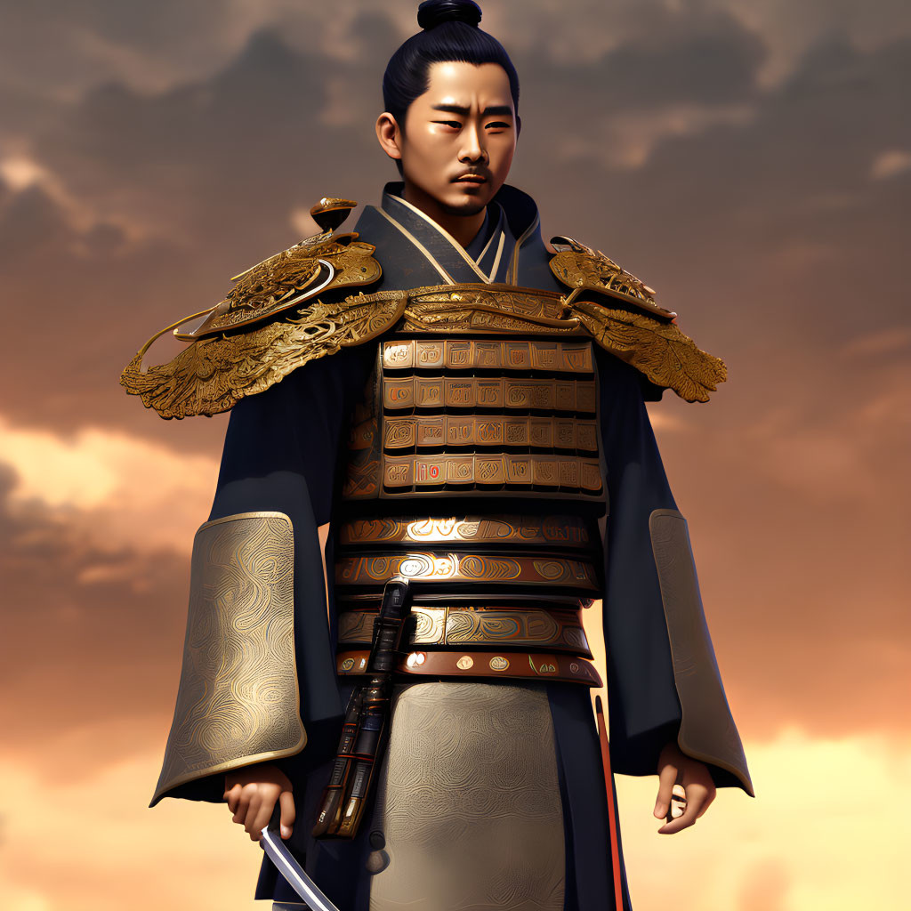 Ancient Asian warrior in traditional armor under dramatic sky