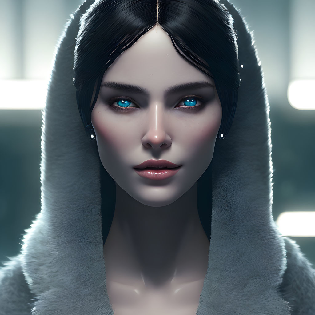 Portrait of Woman with Bright Blue Eyes and Dark Hair in Fur-Trimmed Hood