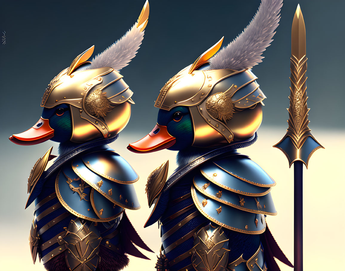 Stylized ducks in ornate medieval armor with feathered helmets and spear.