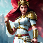 Female warrior in ornate armor with red cape holding a sword in front of ethereal castle.