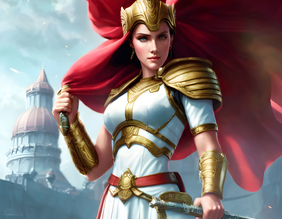 Female warrior in ornate armor with red cape holding a sword in front of ethereal castle.