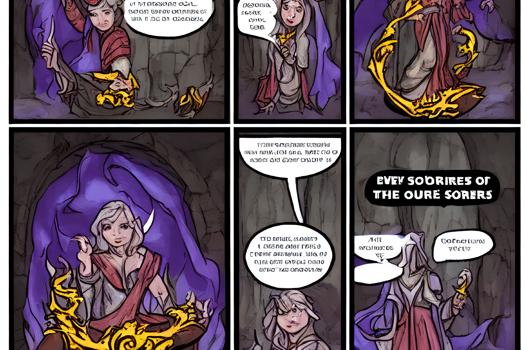 Purple-cloaked sorceress casting fiery spell in comic strip