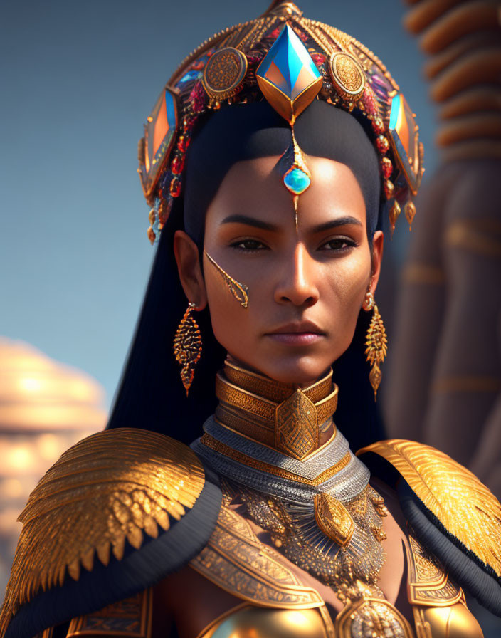 3D-rendered woman in regal attire with golden headdress and armor in desert setting