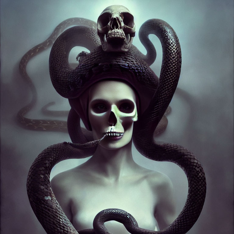 Woman in skull makeup with hat, snake creates haunting aura