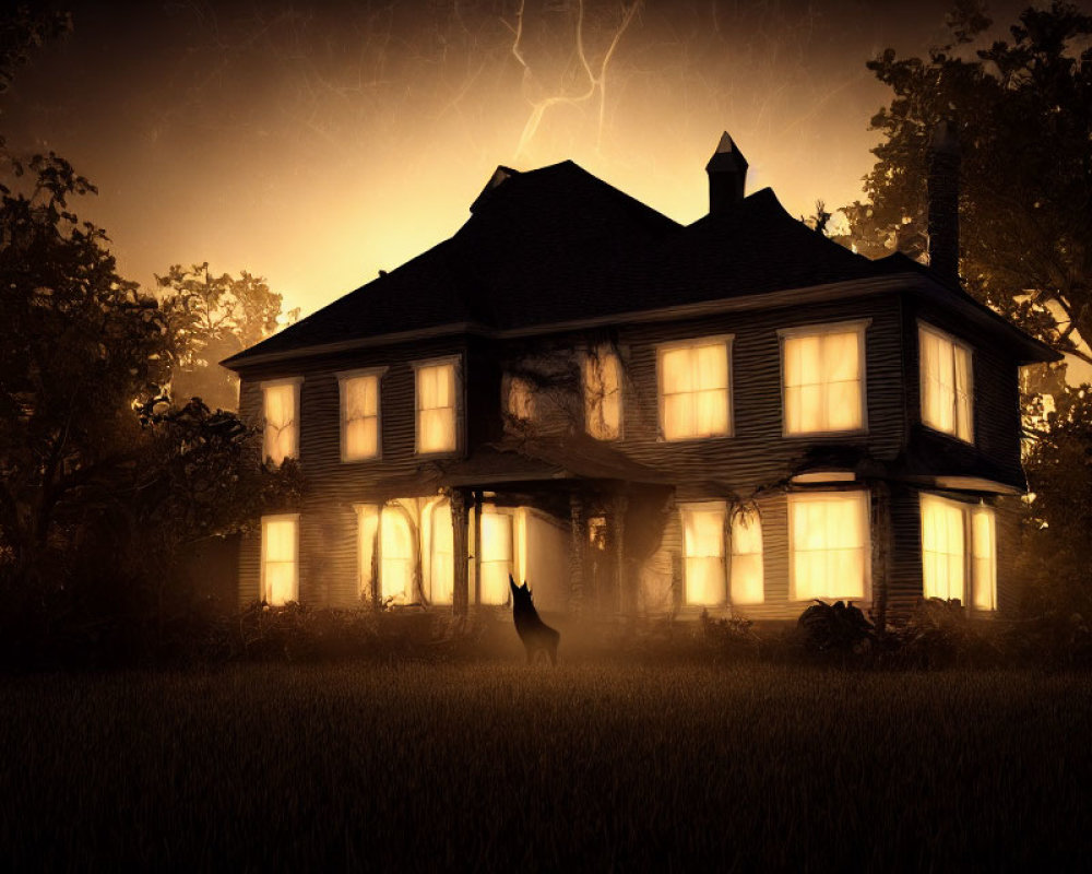 Dark two-story house at night with glowing windows, surrounded by stormy sky and lightning