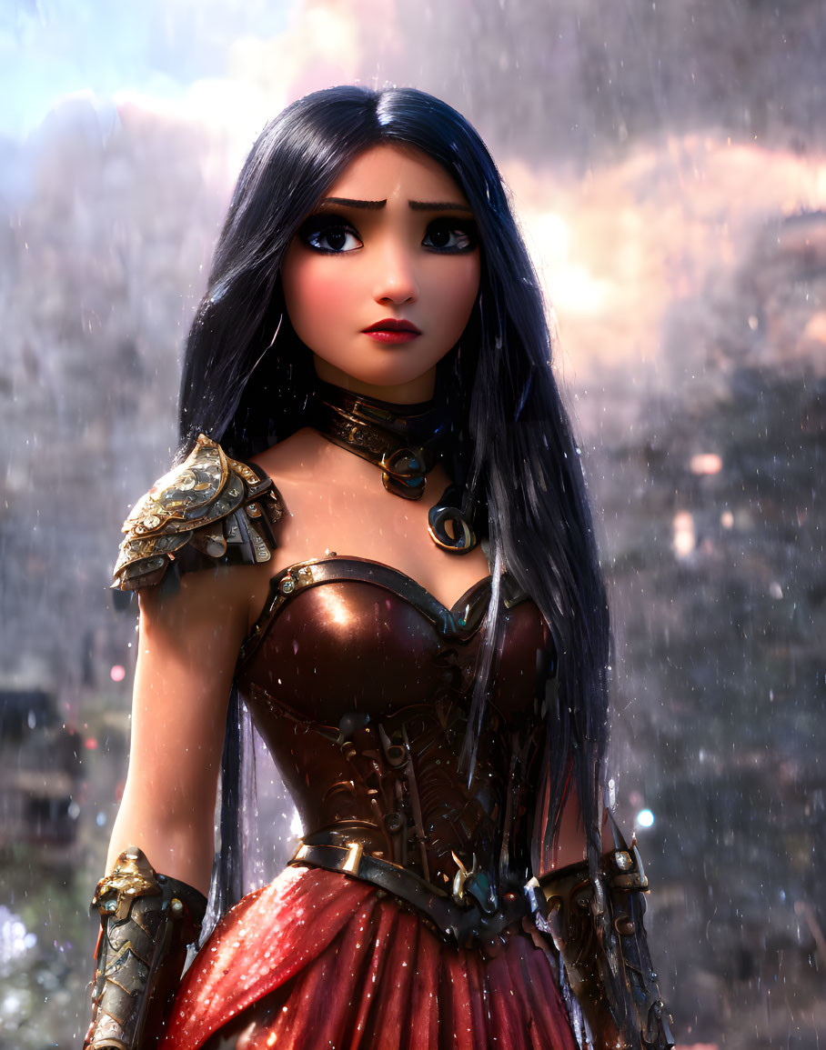 Detailed 3D-animated female character in black hair and armor against blurred background