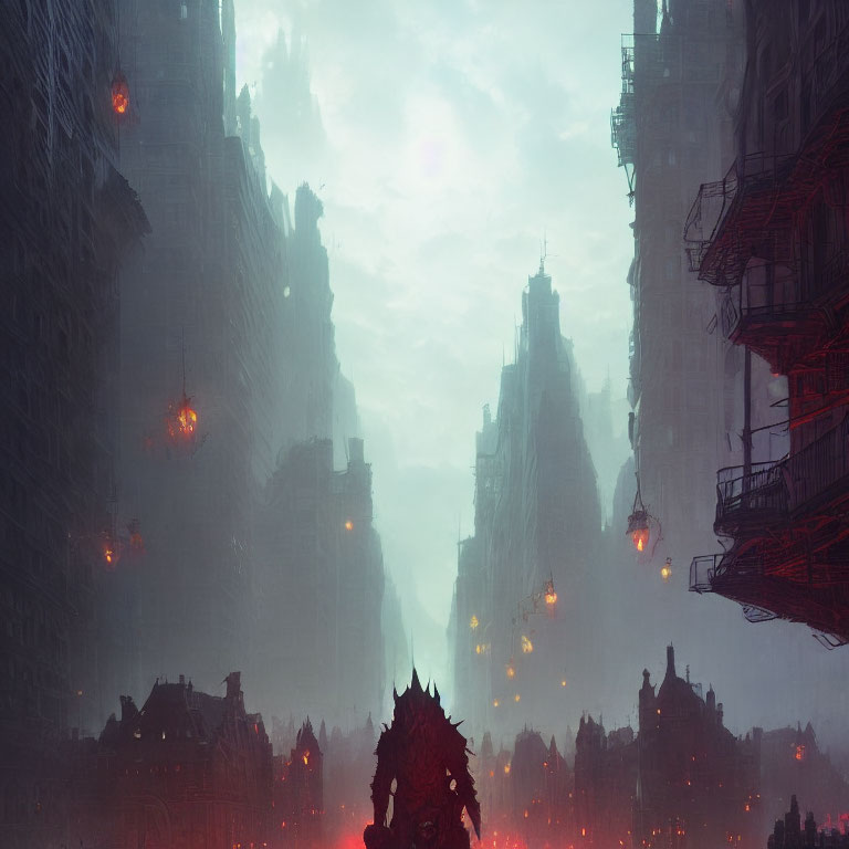 Shadowy figure in dystopian cityscape with towering buildings and ominous atmosphere