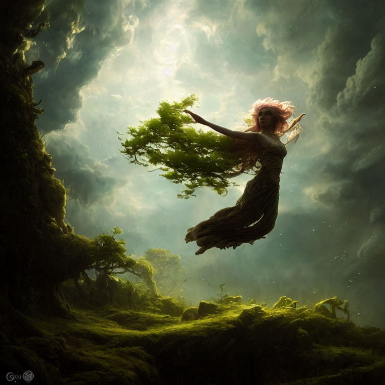 Levitating woman with flowing hair in mystical forest under luminous sky