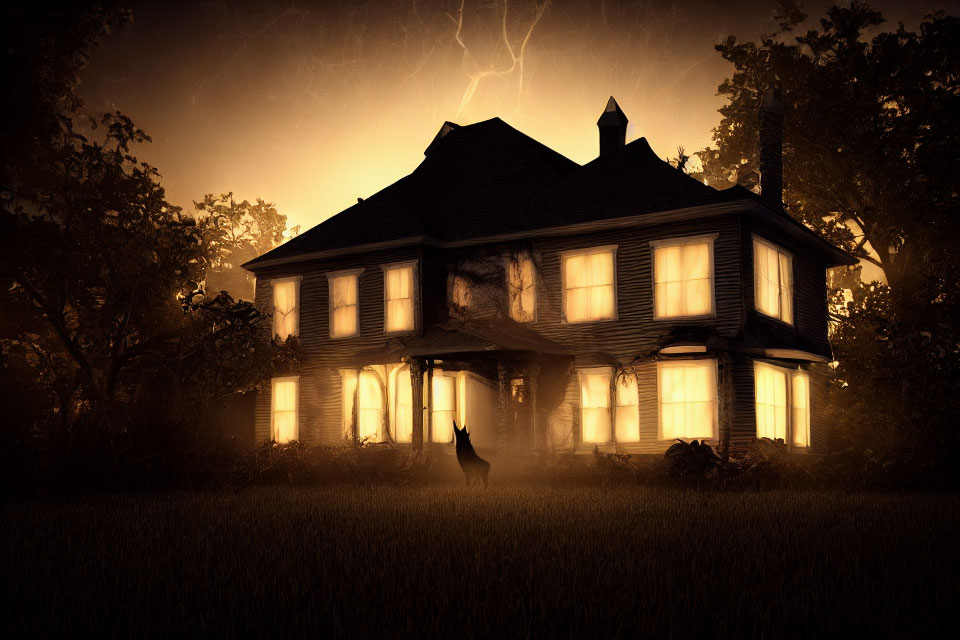 Dark two-story house at night with glowing windows, surrounded by stormy sky and lightning