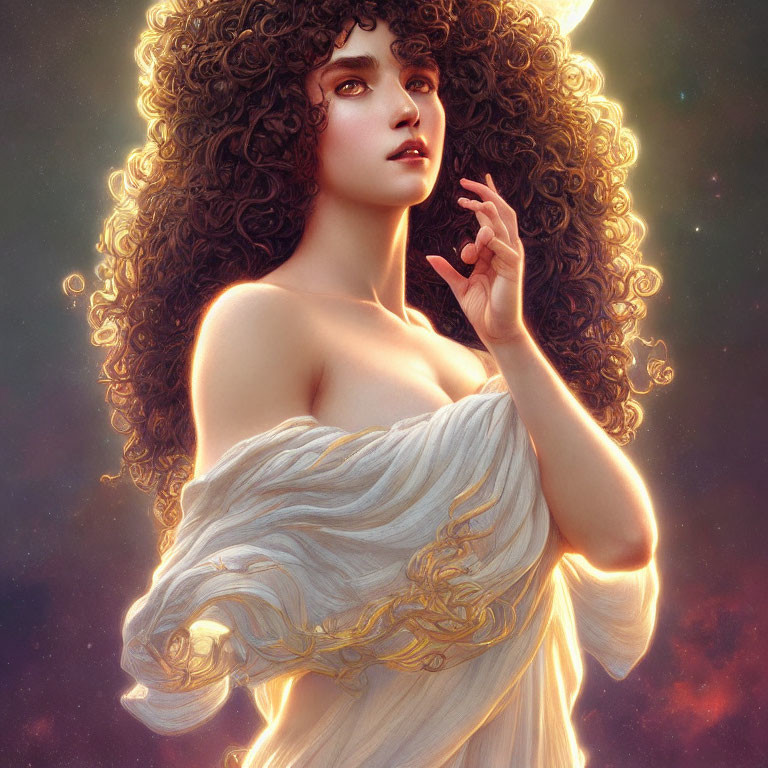 Voluminous curly hair woman in flowing white garment against celestial backdrop