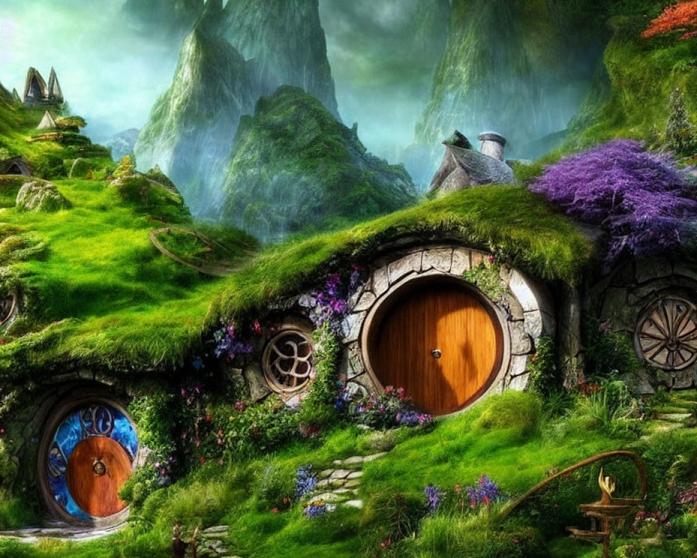 Whimsical hobbit-style houses in lush green landscape