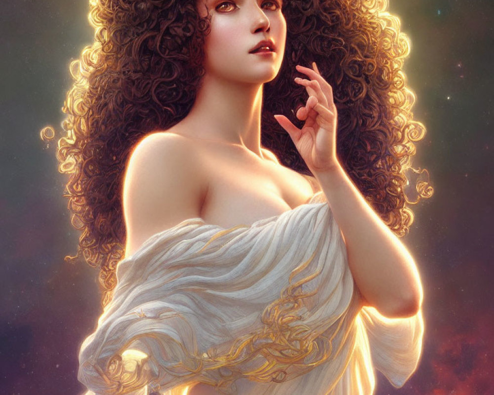 Voluminous curly hair woman in flowing white garment against celestial backdrop